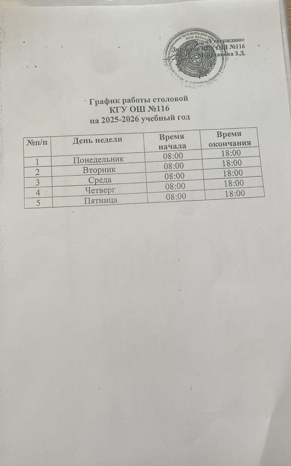График работы столовой 2025-2026 учебный год