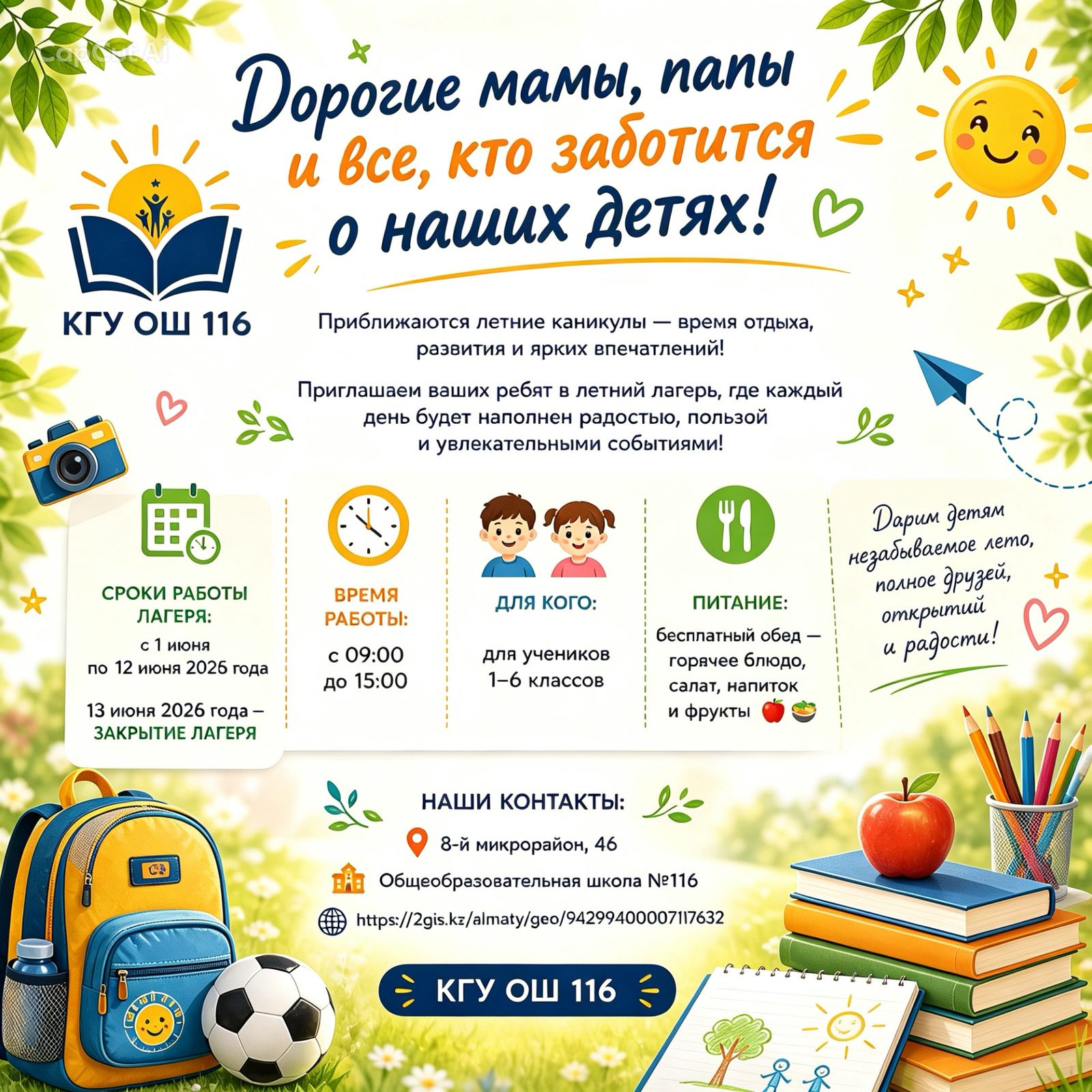 Приглашаем детей провести летние каникулы весело, интересно и с пользой в нашем школьном лагере 🎒
